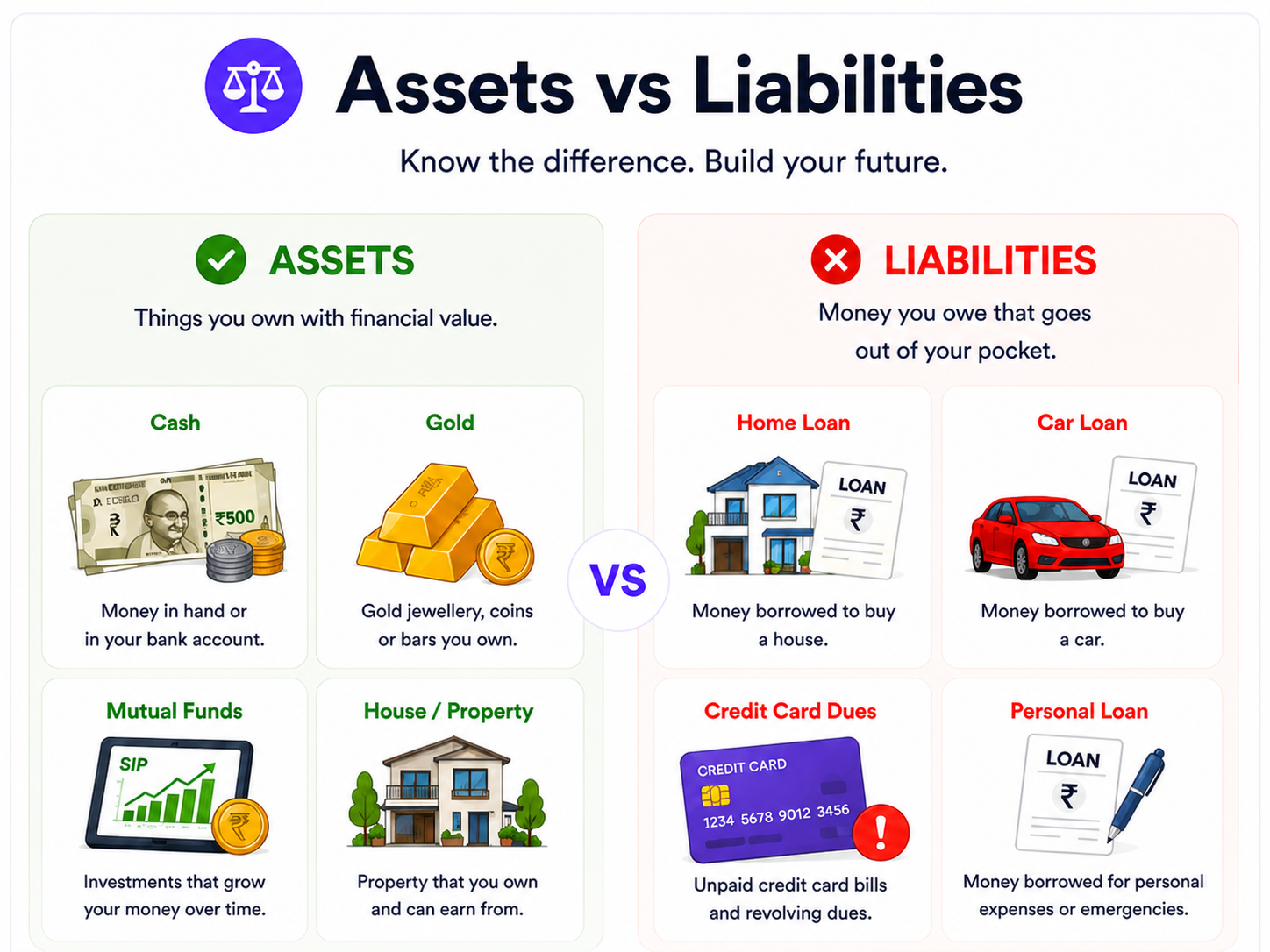 Examples of assets and liabilities