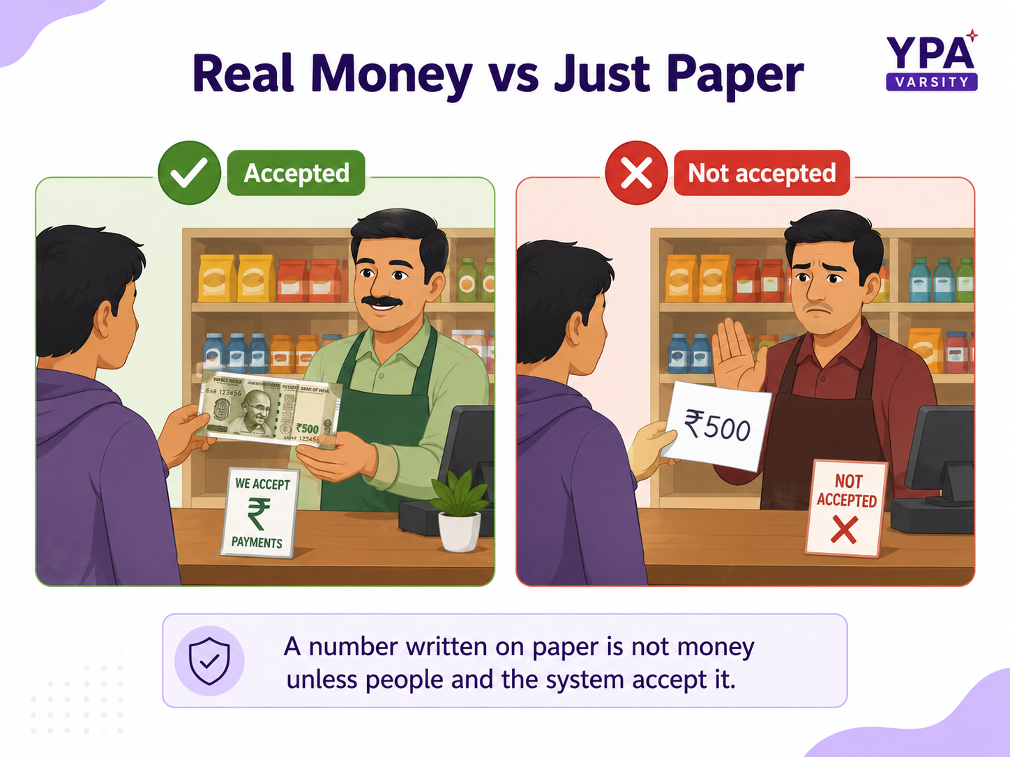 Real ₹500 currency accepted versus handwritten ₹500 paper not accepted