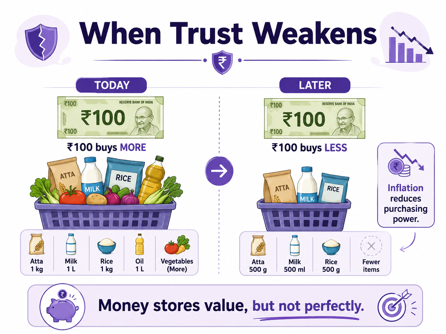 ₹100 buys more today and fewer goods later as inflation reduces purchasing power