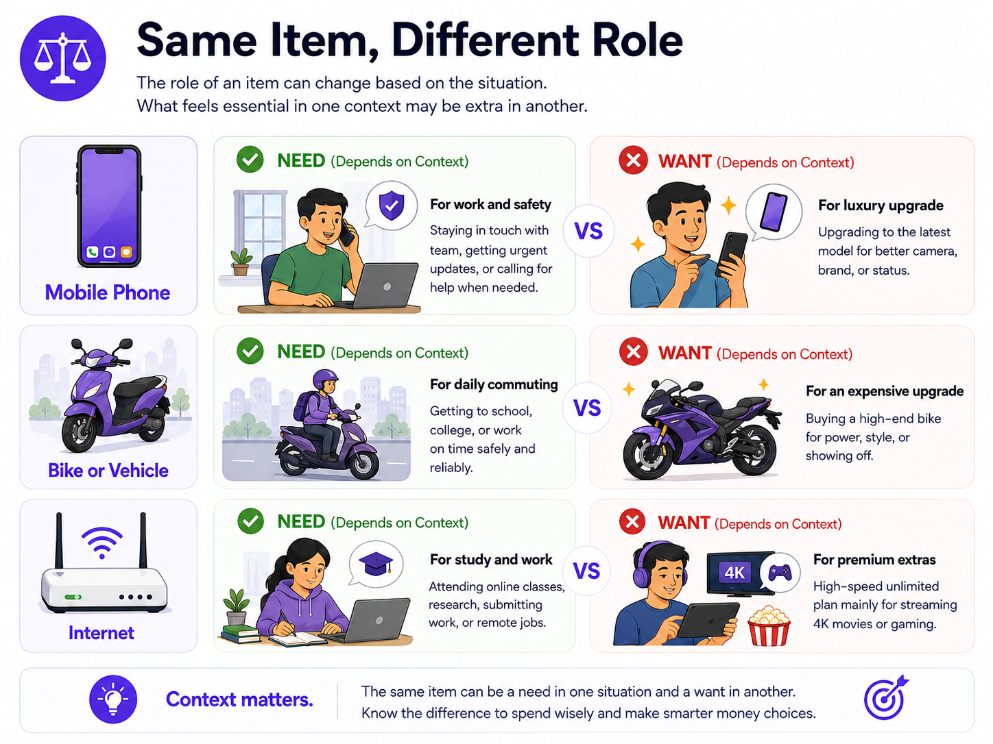 The same phone, vehicle or internet connection can be a need or want depending on context