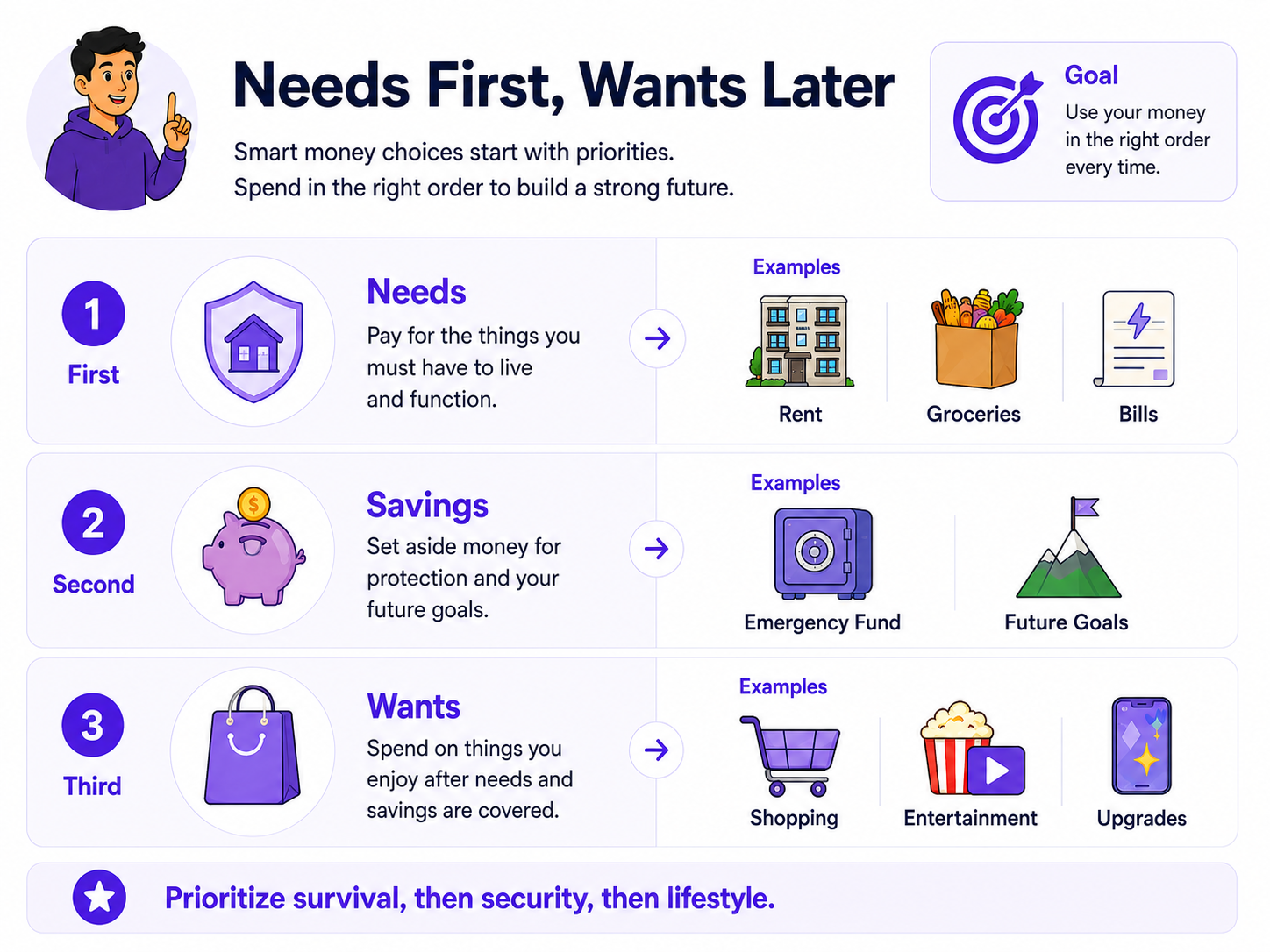 Needs first, savings second and wants third