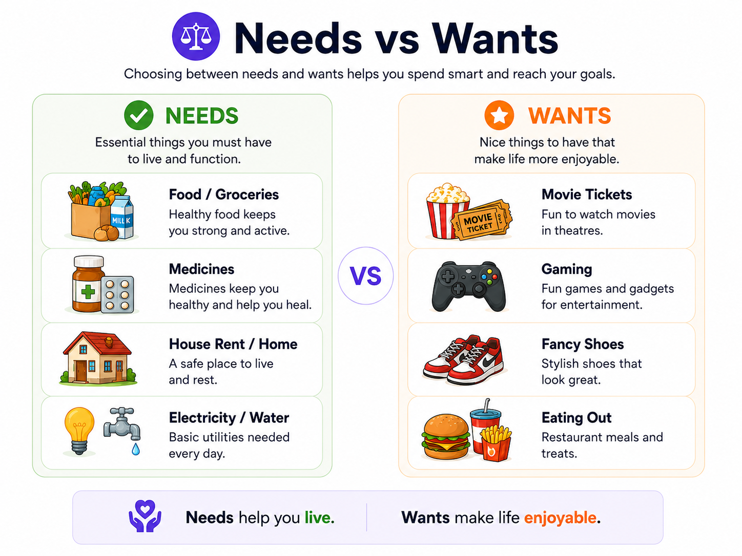 Needs versus wants with practical examples