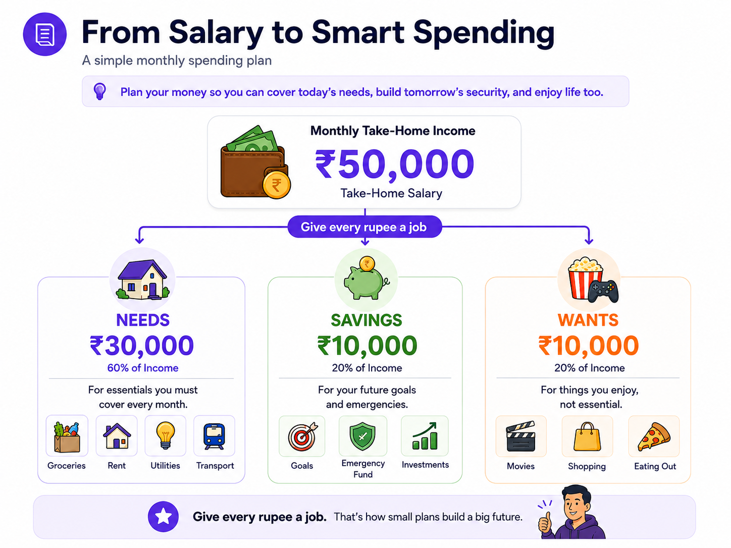 Example plan dividing ₹50,000 between needs, savings and wants